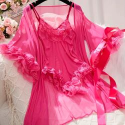 Sexy Lingerie Sets for Women, Rose Red Lace Three-piece Set With Coat.