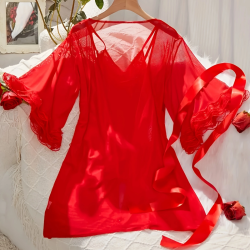 Sexy Lingerie Sets for Women, Red Lace Three-piece Set With Coat.