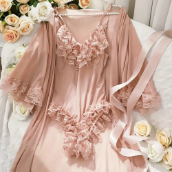 Sexy Lingerie Sets for Women, Pink Lace Three-piece Set With Coat.