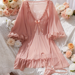 Sexy Lingerie Sets for Women, Pink Three-piece Set With Coat.